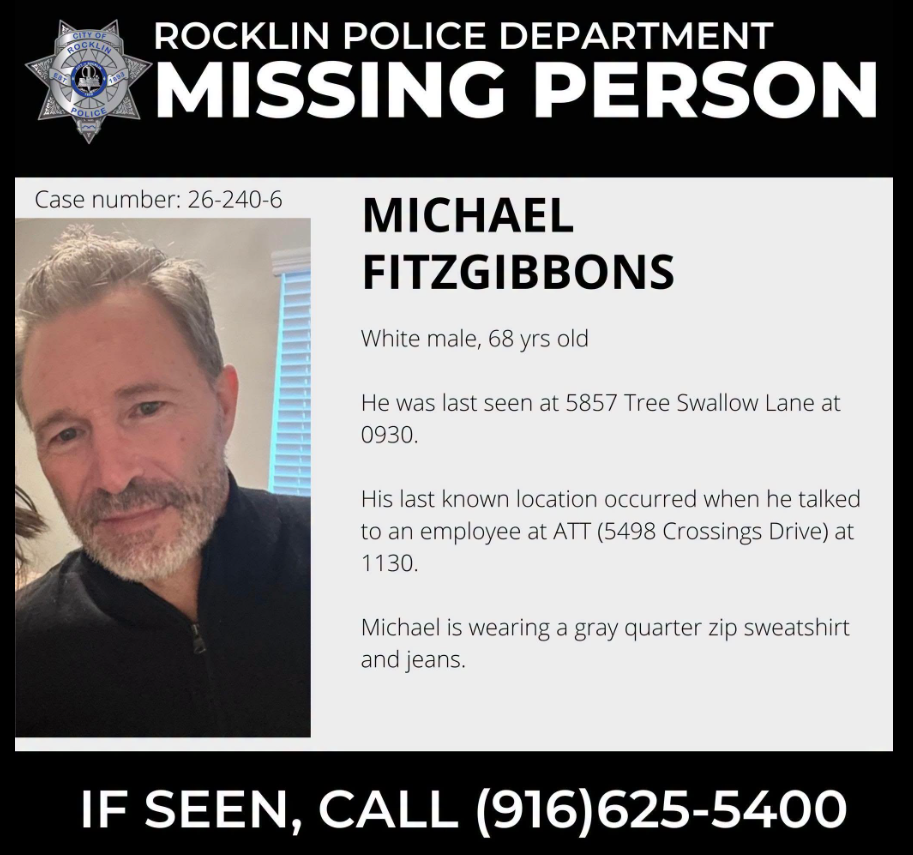 Michael FitzGibbons Missing Rocklin – Authorities Seek Public’s Help to Locate 68-Year-Old Man